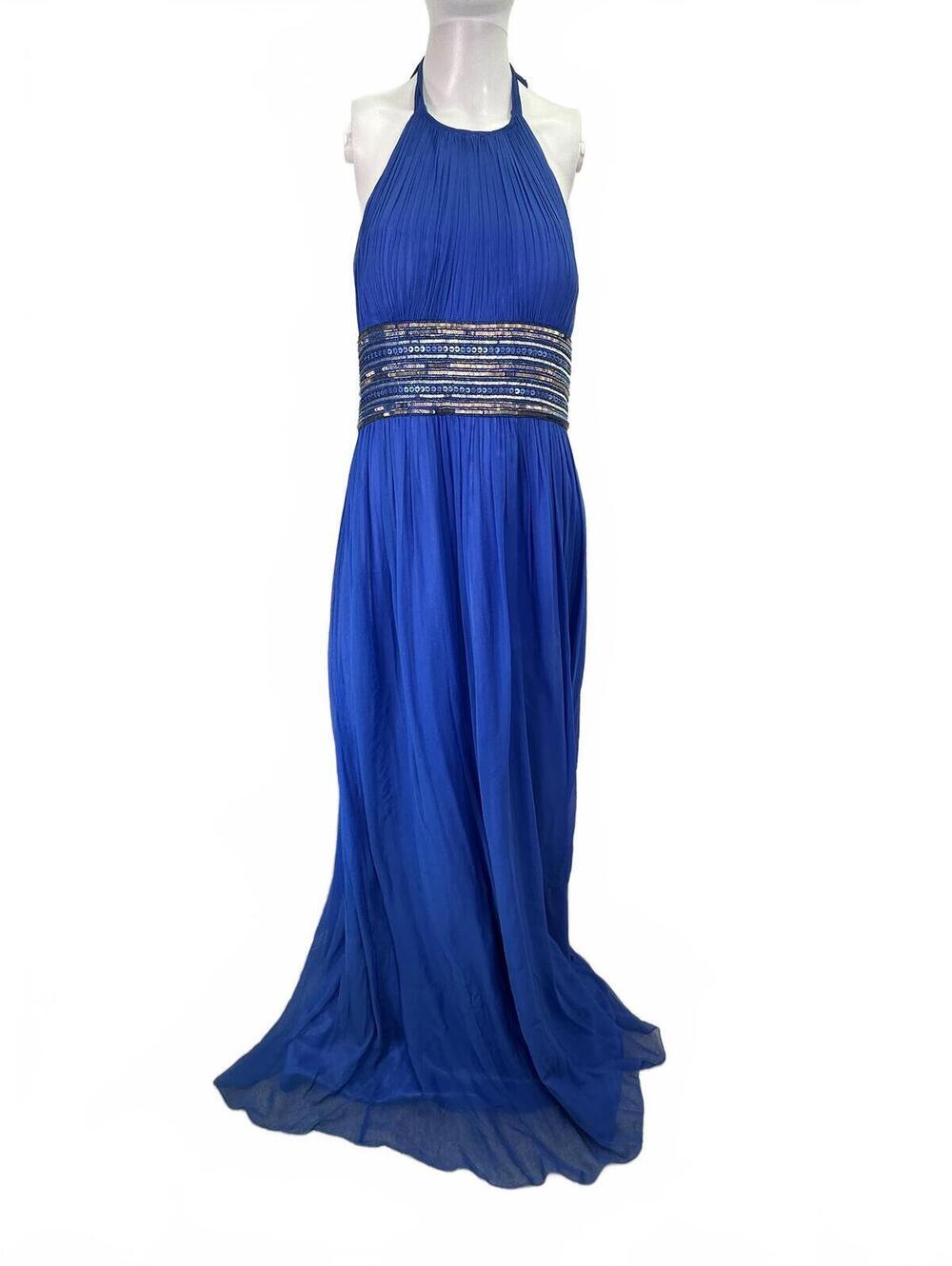 Sz 14 Adrianna Papell Royal Blue Silk Sequin Halter Dress Gown Greek Goddess